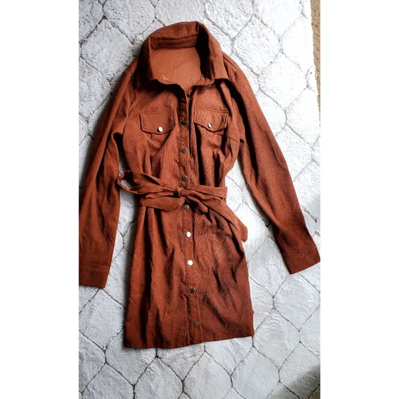 SHEIN Corduroy Solid Belted Shirt Dress. - Picture 1 of 2